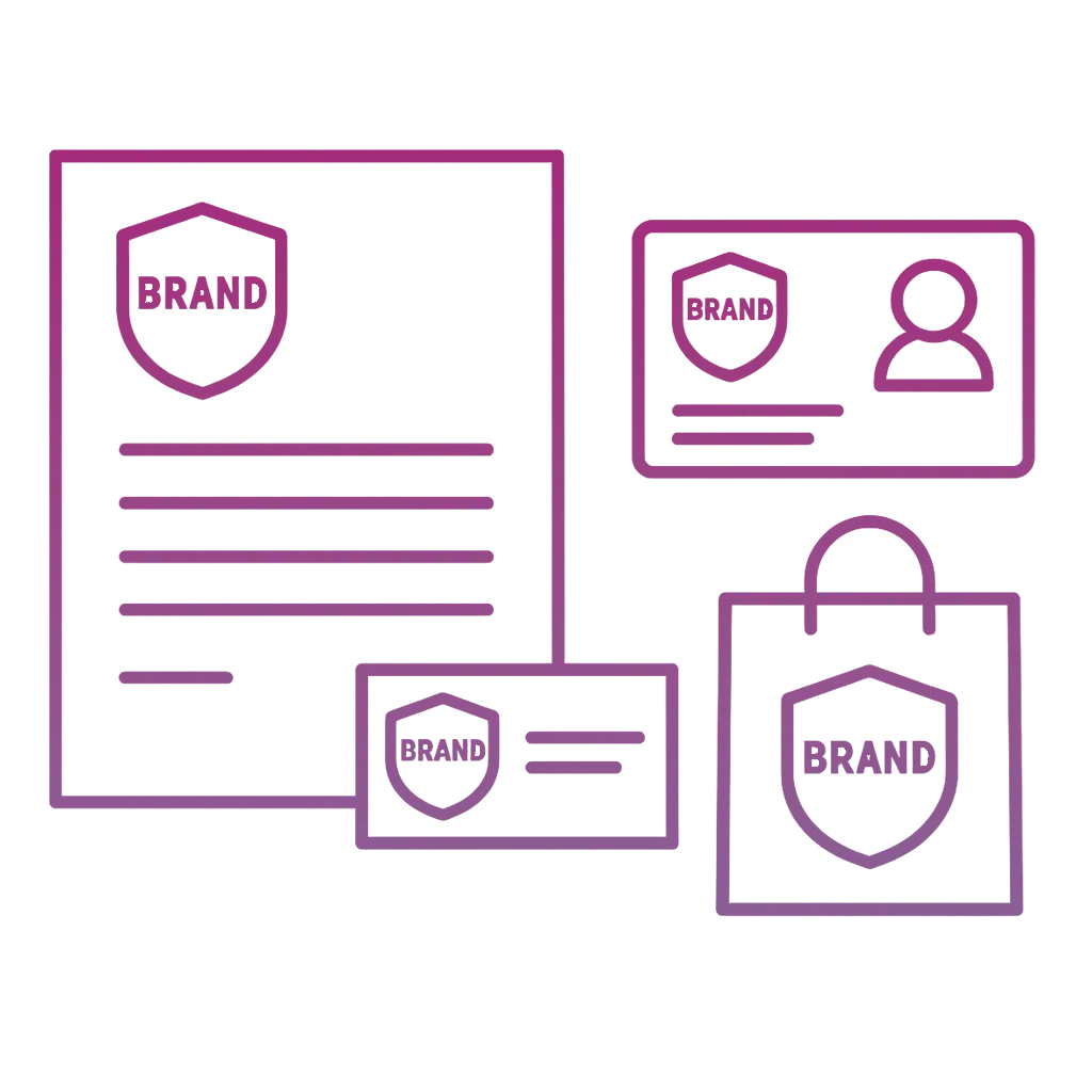 Neon pink branding identity illustration featuring marketing assets like ID card, stationery, business card, and branded bag