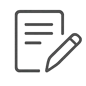Minimalist black copywriting icon featuring a document and pencil on transparent background