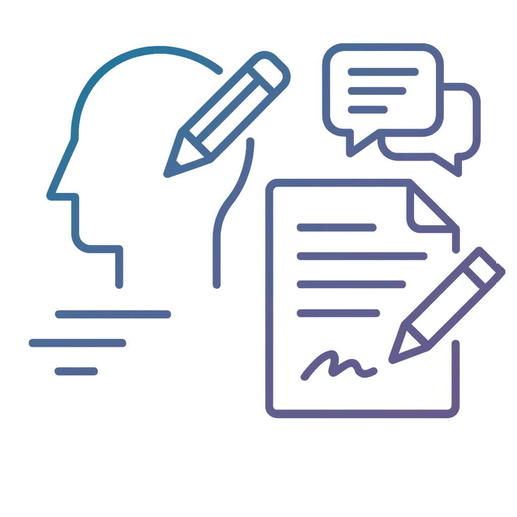 Line art icon showing a head with a pencil, dialogue bubbles, and a paper with writing and signature—representing creative copywriting services.