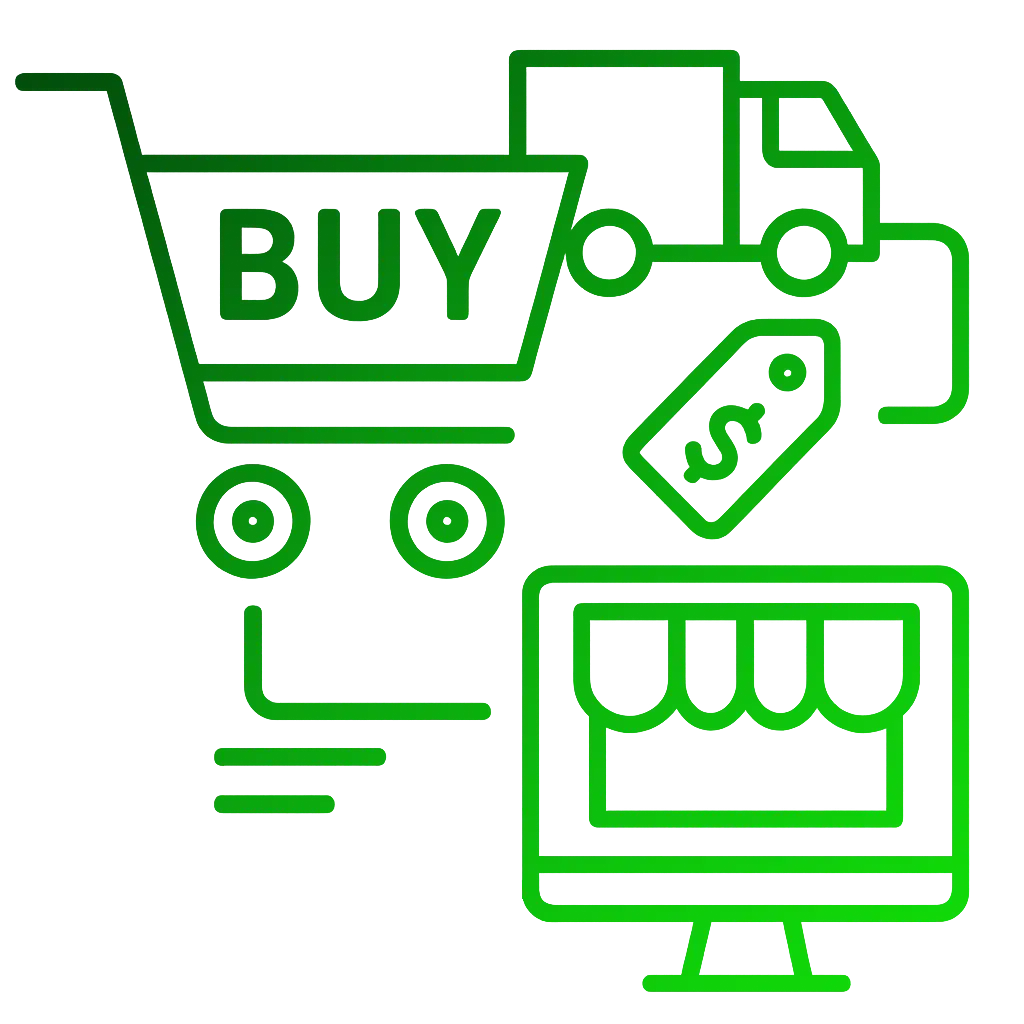 eCommerce service graphic showing a shopping cart, delivery truck, price tag, and storefront icon