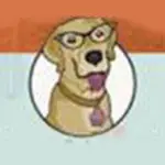 Cartoon dog wearing glasses and a collar, inside a circle logo
