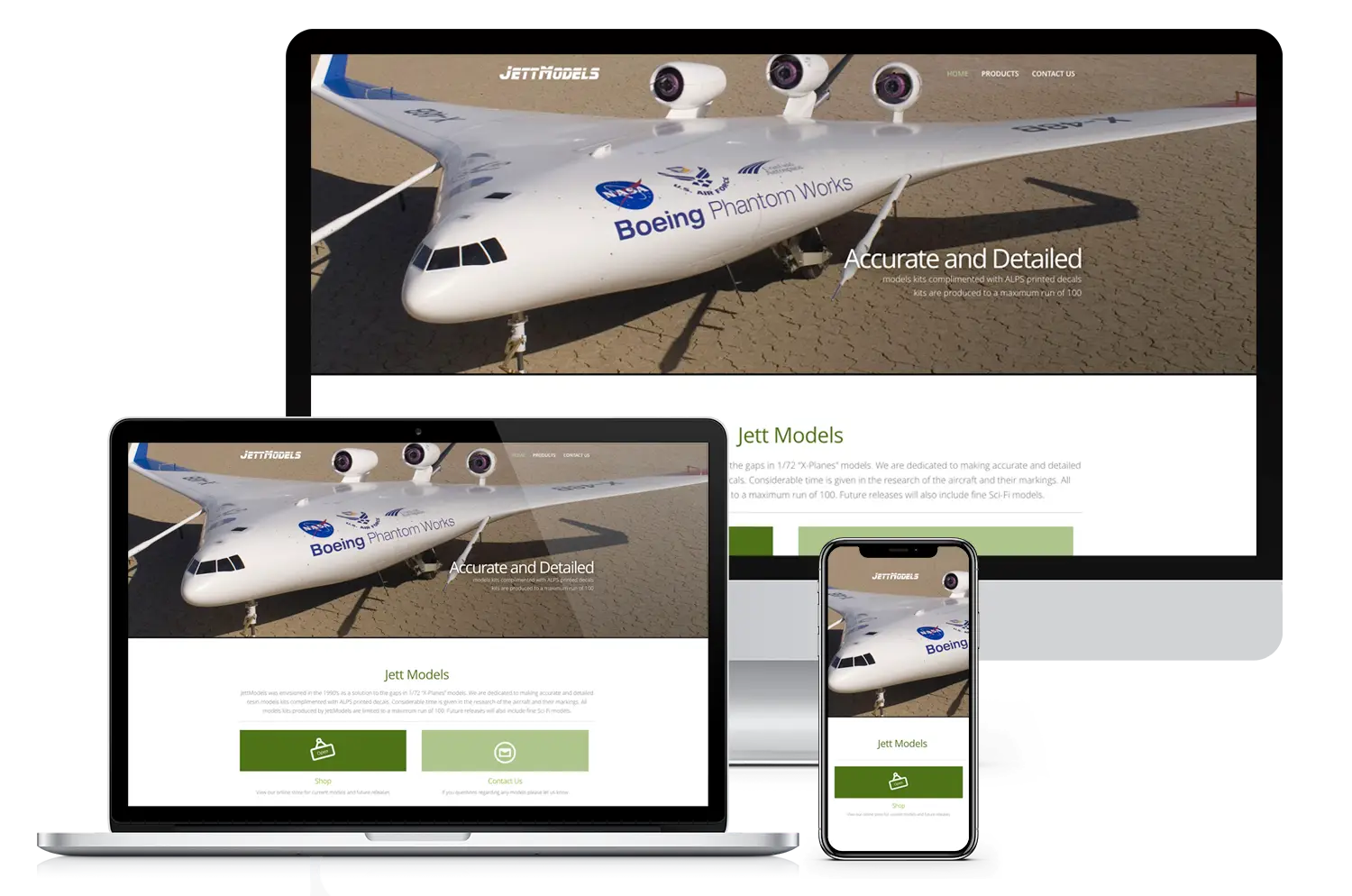 Jett Models website design showcasing aviation models