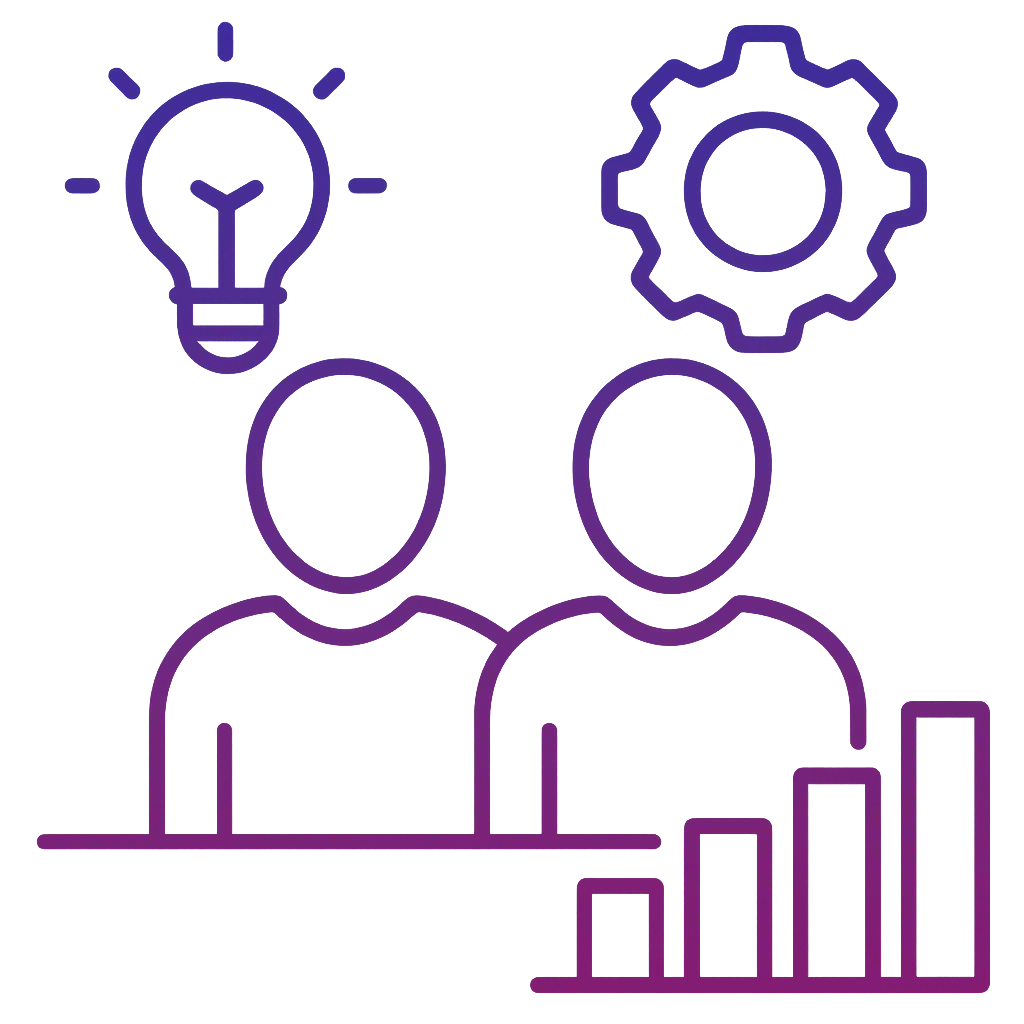 Two people with icons representing ideas and strategy, symbolizing collaboration and growth