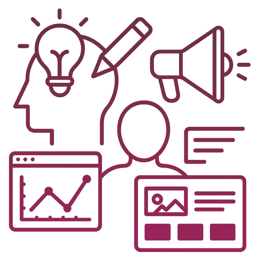 Creative marketing strategy showing head with lightbulb, user persona, and web analytics