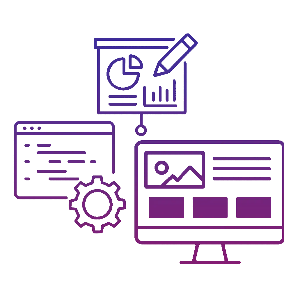 Digital strategy and design illustration with chart, code, gear, and computer monitor
