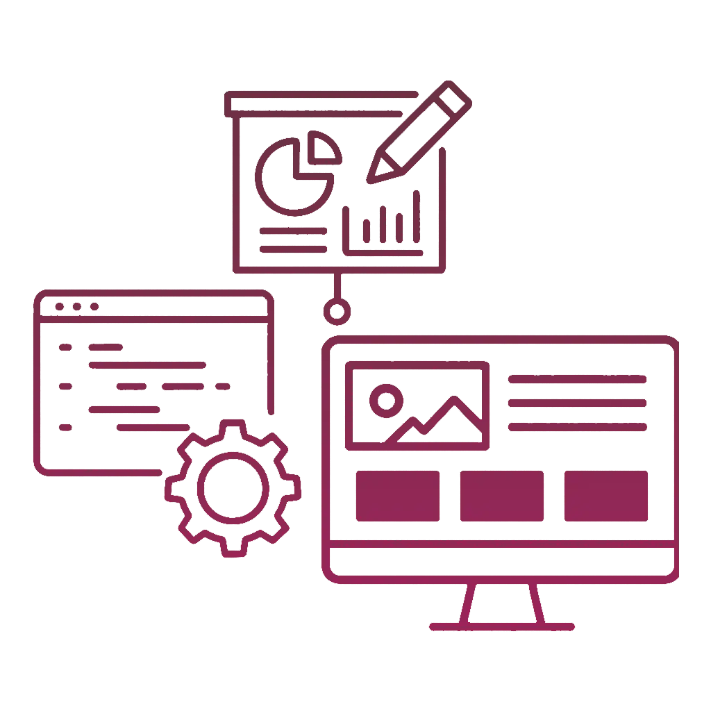 Marketing strategy development with charts, coding window, and website planning