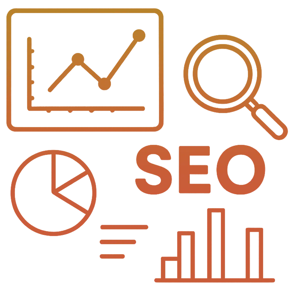 Orange SEO graphic showing analytics charts, search icon, and bar graphs