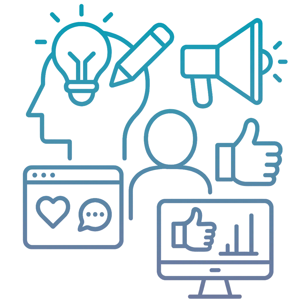 Graphic of marketing strategy with icons for engagement, feedback, and promotion