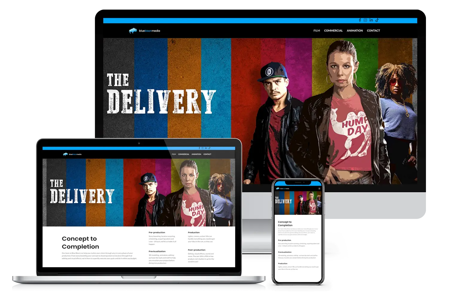 Blue Bison Media film project website displayed on desktop, tablet, and mobile