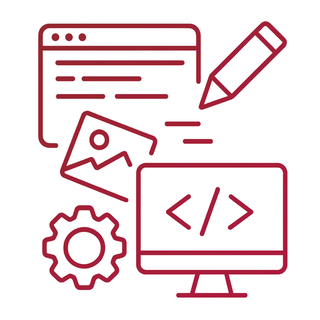 Line art graphic representing web design and development with icons for coding, layout, settings, and media.