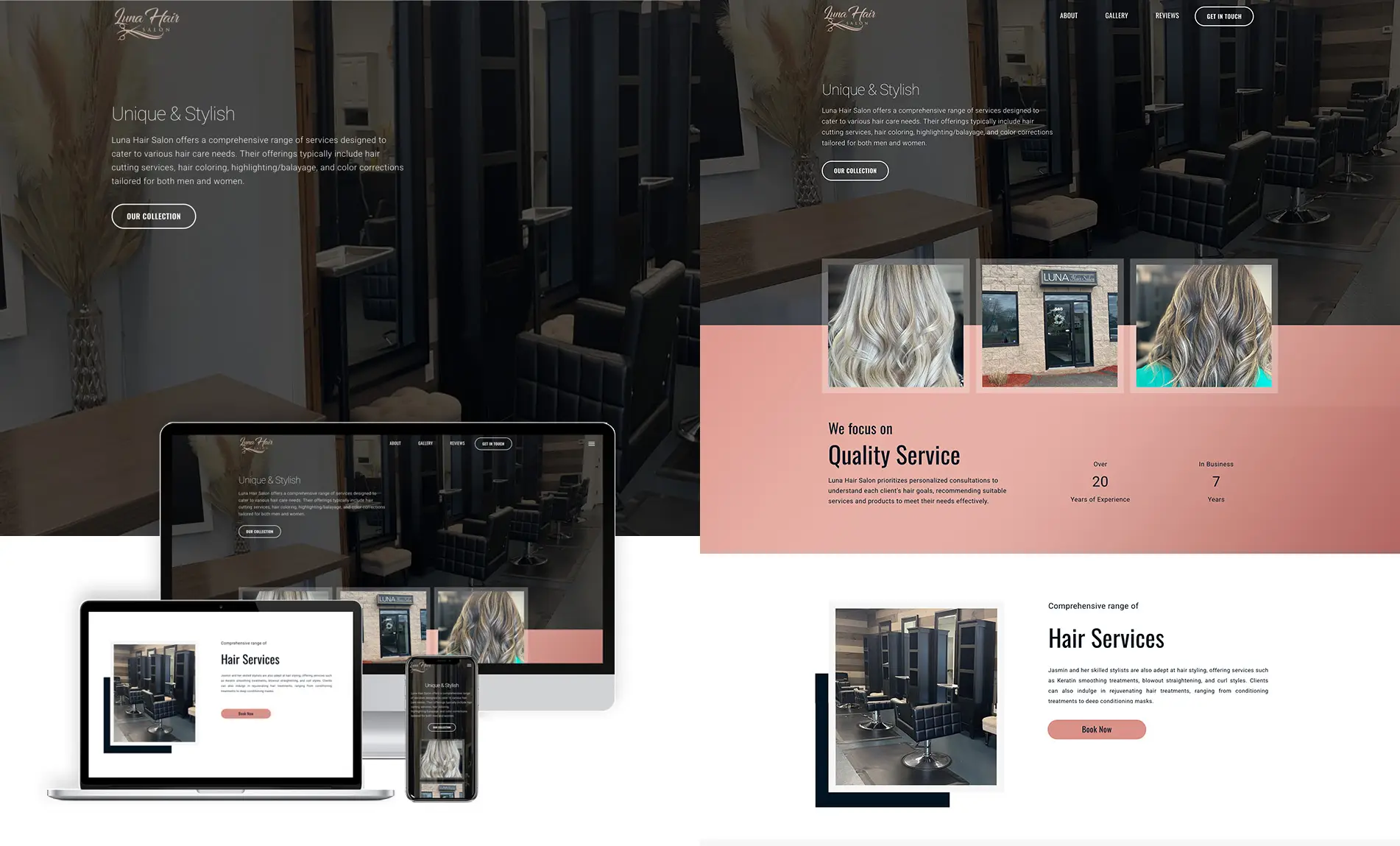 Website development for Luna Hair Salon showcasing modern hair services