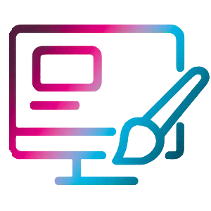 Gradient line icon of a desktop screen with a paintbrush symbolizing custom web design for purpose-driven digital marketing