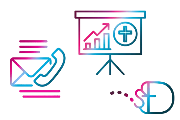 Faith-based branding solution graphic with contact icons, growth chart, and cross symbol