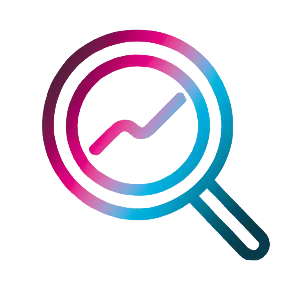 Gradient magnifying glass icon with upward trend line representing SEO services for purpose-driven digital marketing.