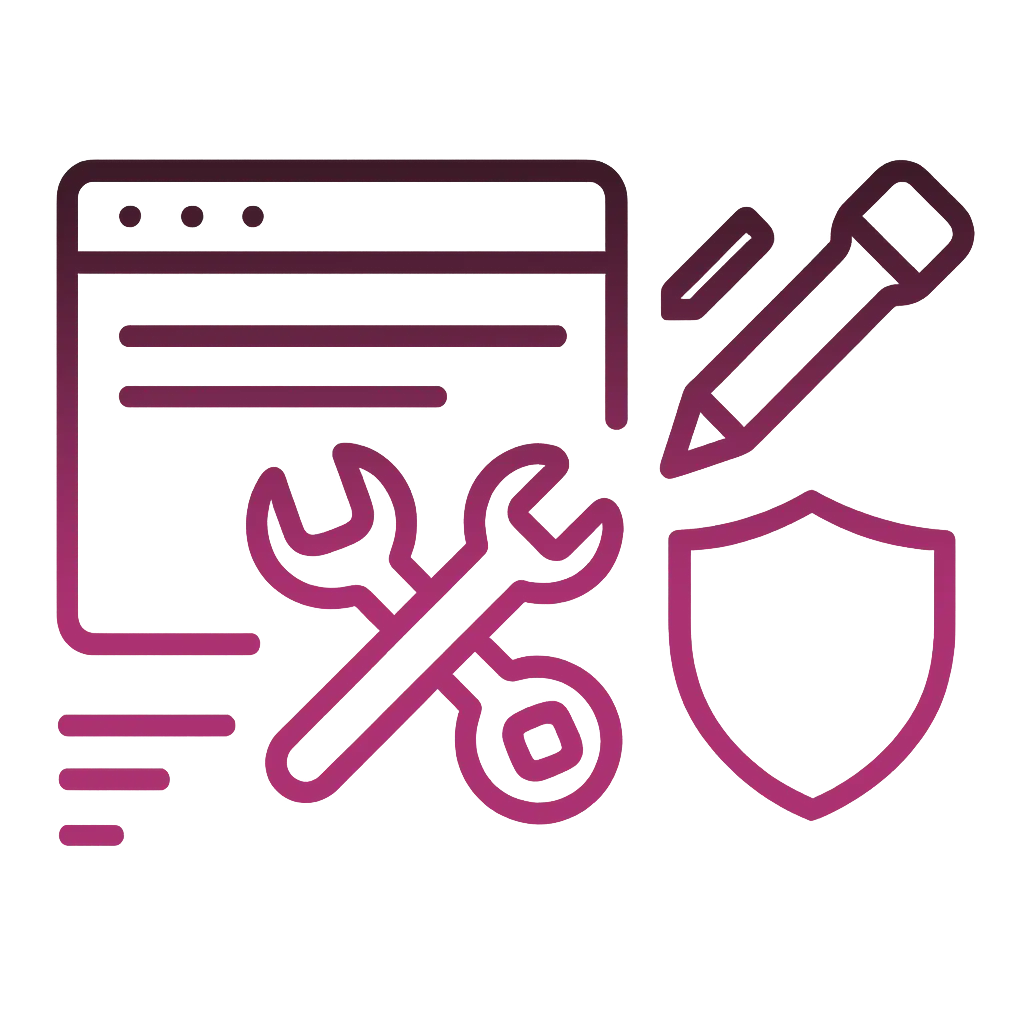 Website maintenance icon with tools, text editor, and security shield