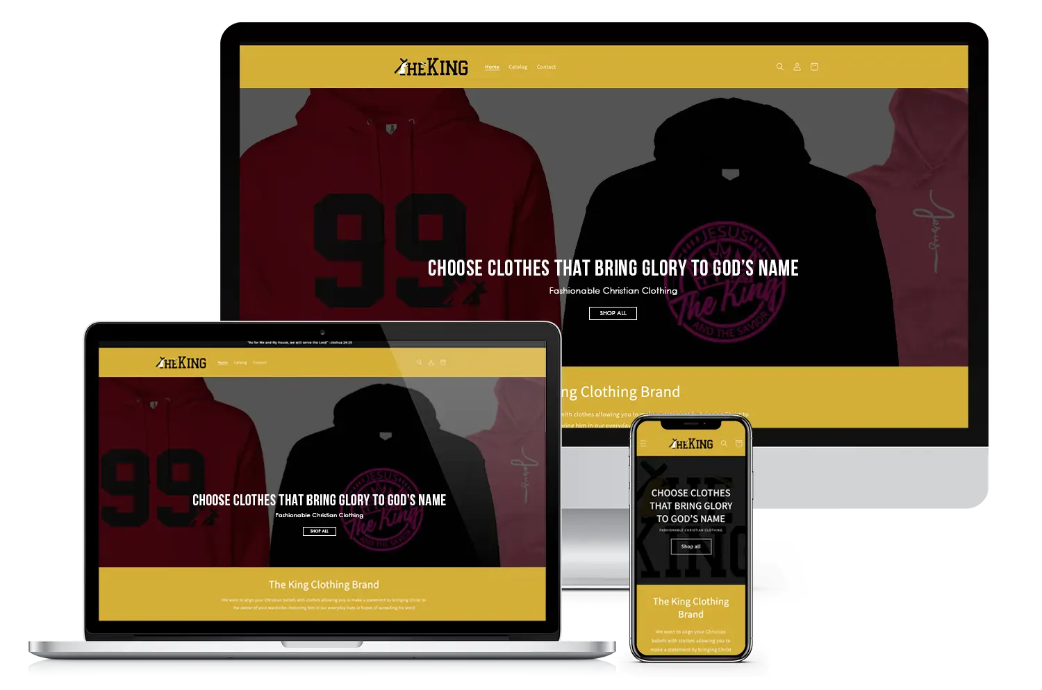 Responsive website design for The King Clothing, a Christian apparel brand, by Sarry San using purpose-driven marketing services