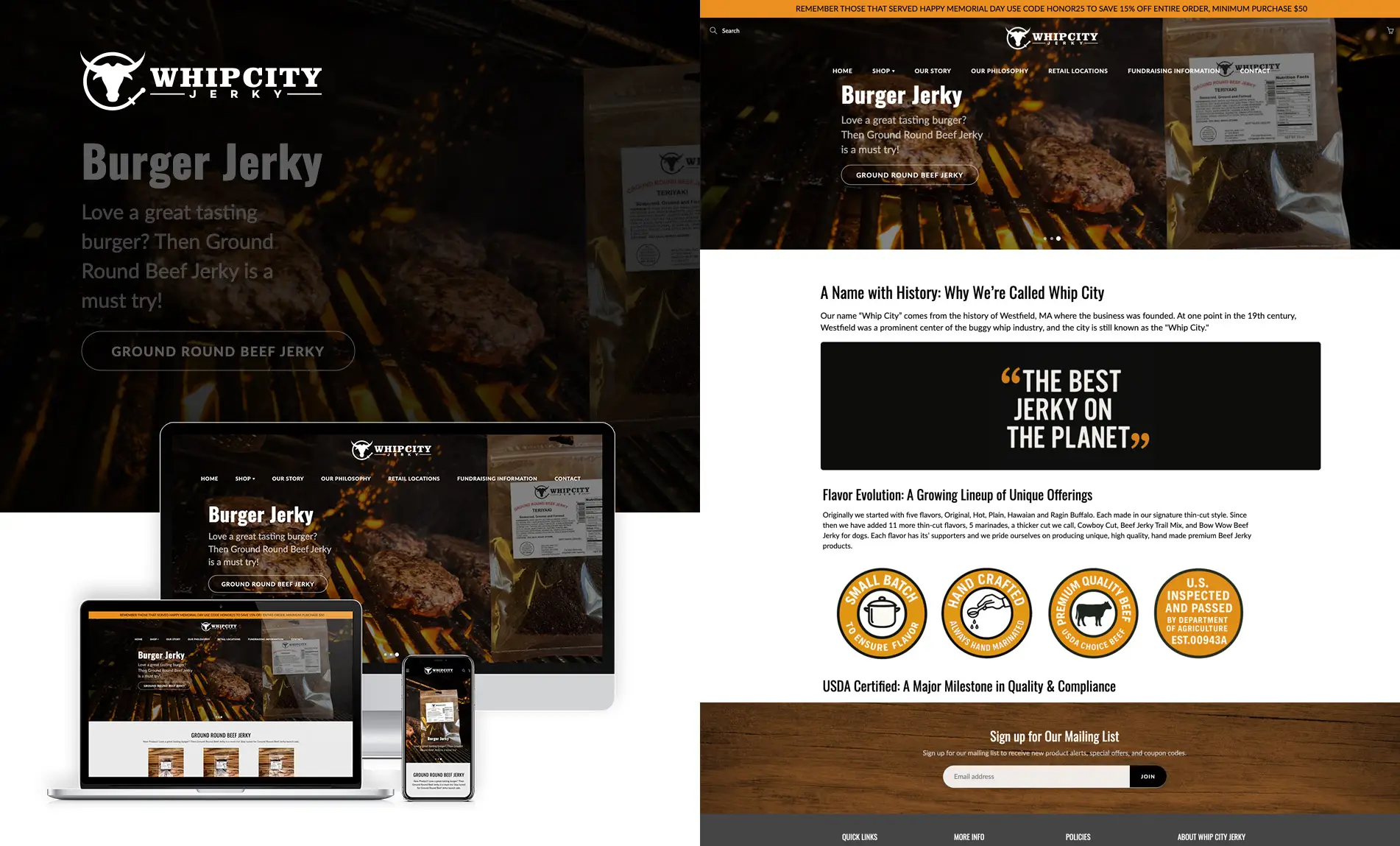 Whip City Jerky Shopify website redesign with updated hero section and ecommerce layout by Sarry San