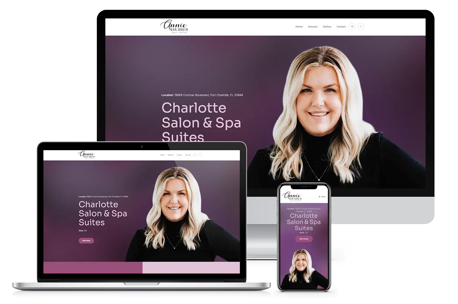 Hair stylist website redesign for Annalise Davenport, a female entrepreneur, shown on multiple devices