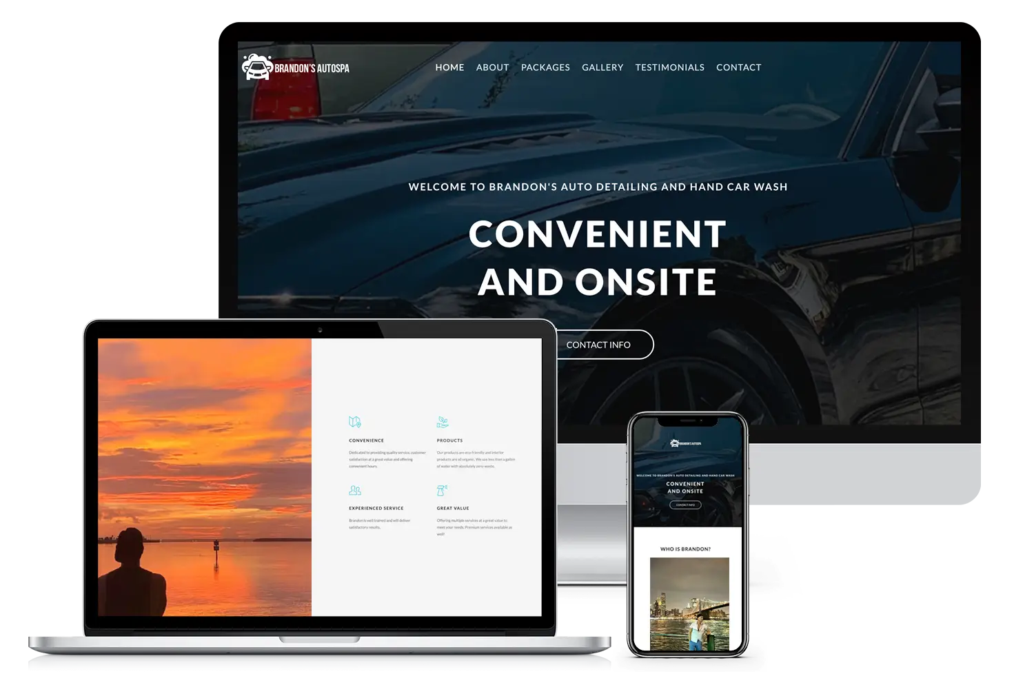 Brandon’s AutoSpa’s mobile detailing website shown across devices in custom website design reviews