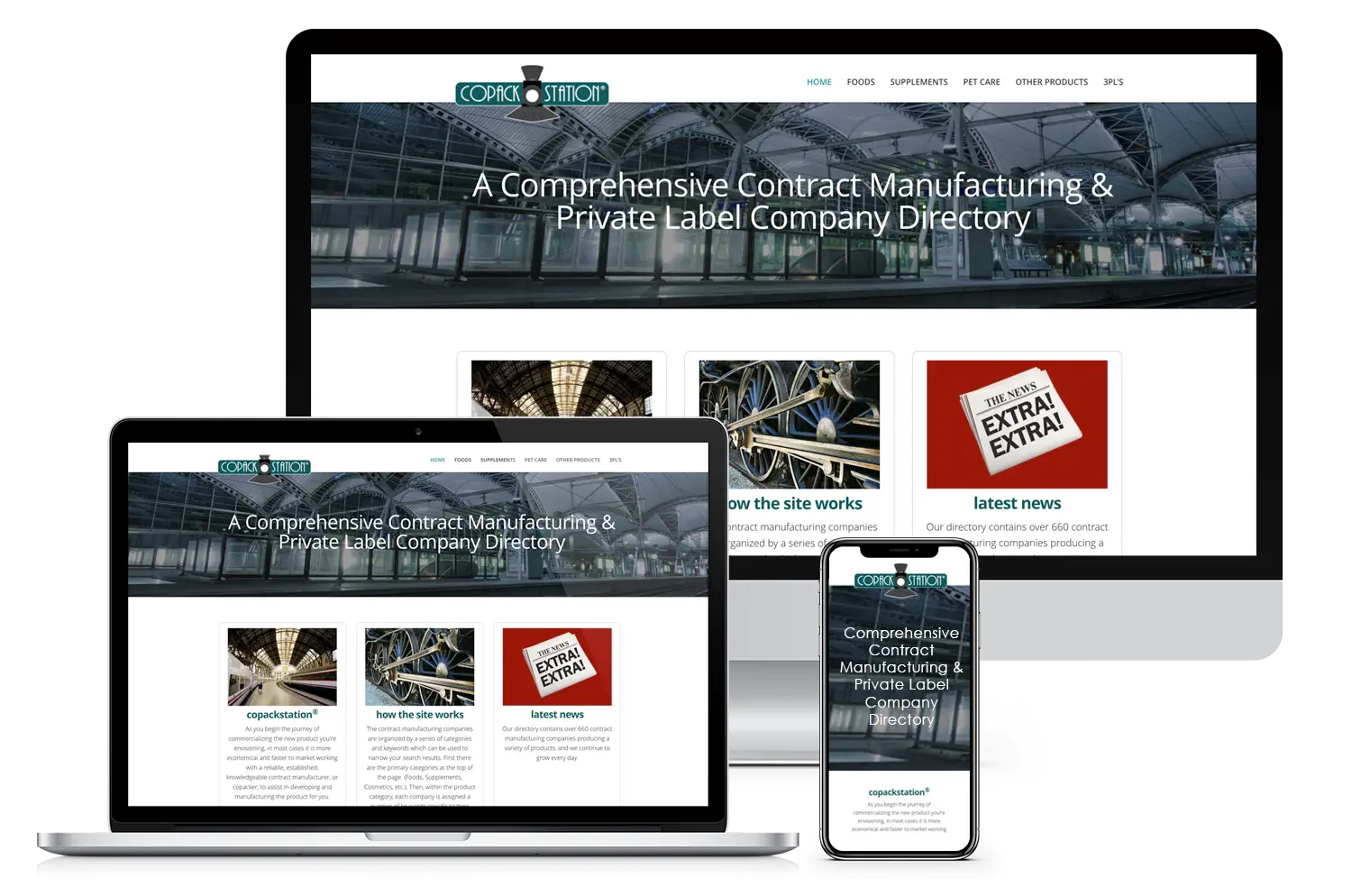 Copack Station’s directory website layout showcased across all screen sizes as part of website design client reviews