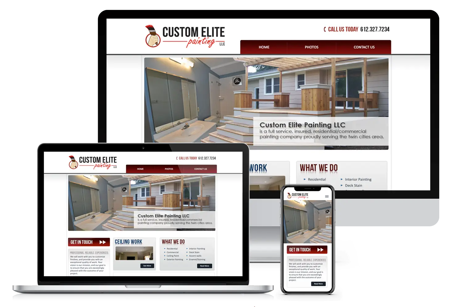 Custom Elite Painting website on desktop, tablet, and mobile showing client reviews for website design