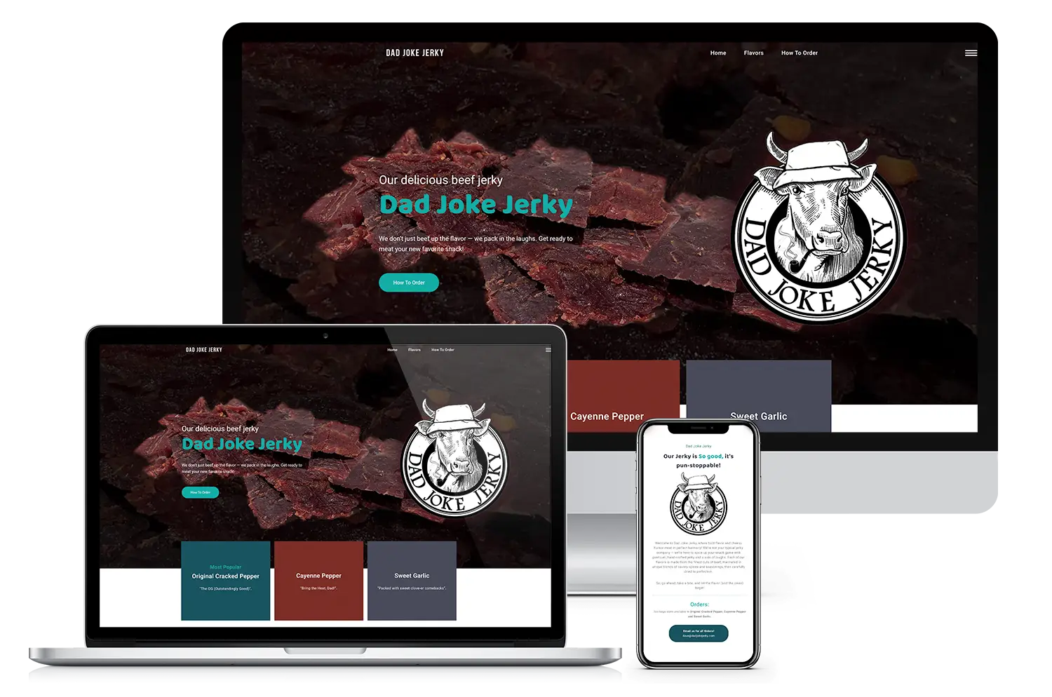 Dad Joke Jerky’s website with humor-driven branding included in client reviews for website design