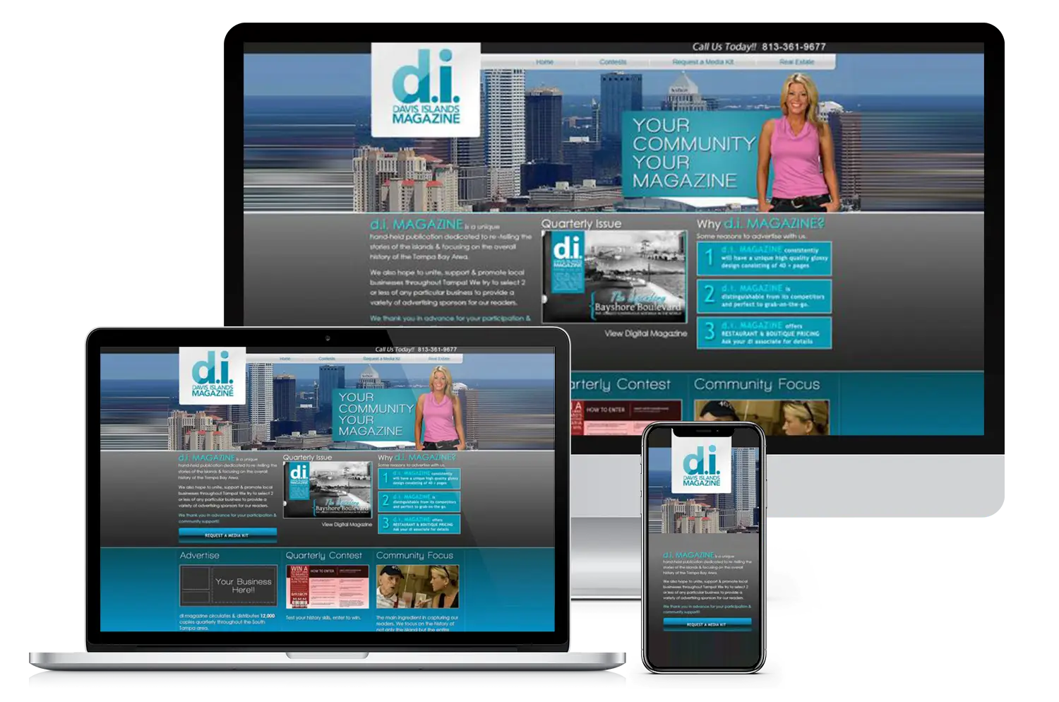Magazine website redesign for Davis Islands Magazine, a community-focused brand, shown on desktop, laptop, and mobile