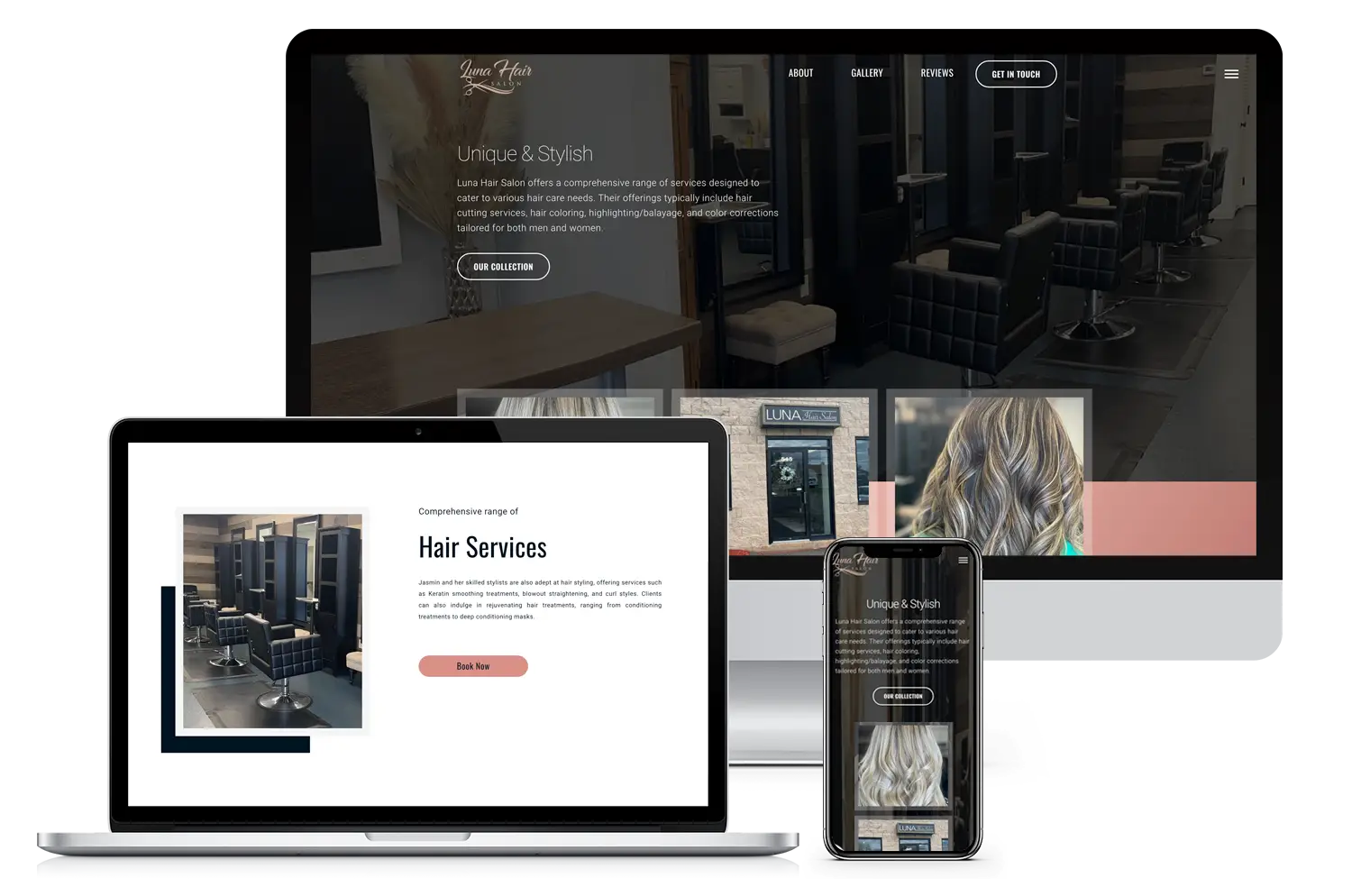 Custom website design for Luna Hair Salon, a woman-owned business, shown across devices