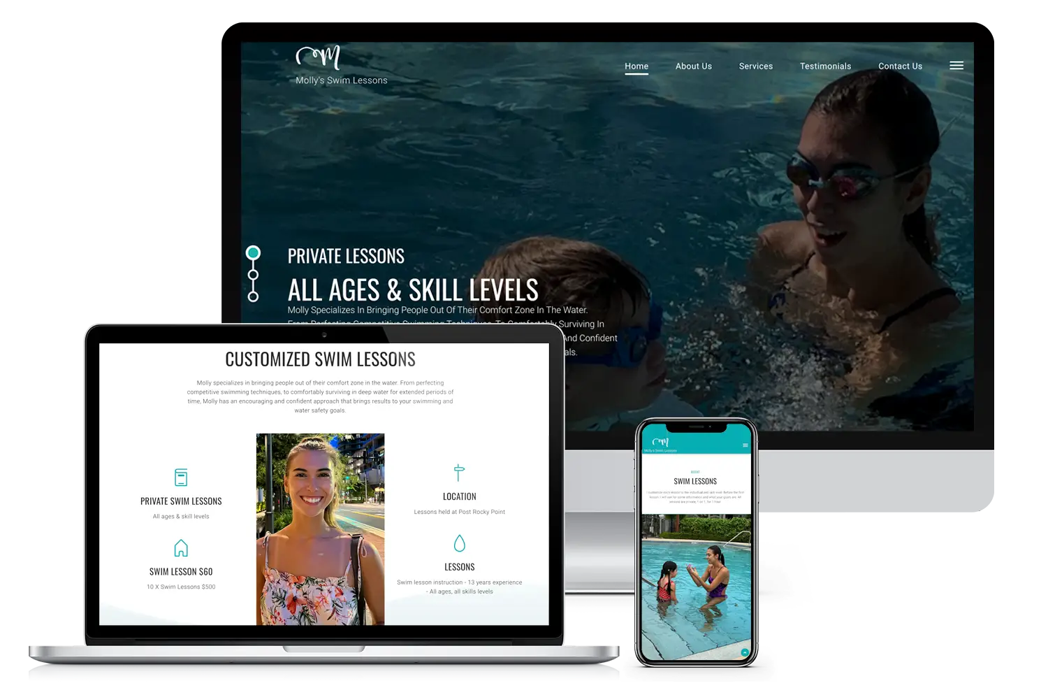 Responsive one-page website for Molly’s Swim Lessons, a swim coach and female entrepreneur