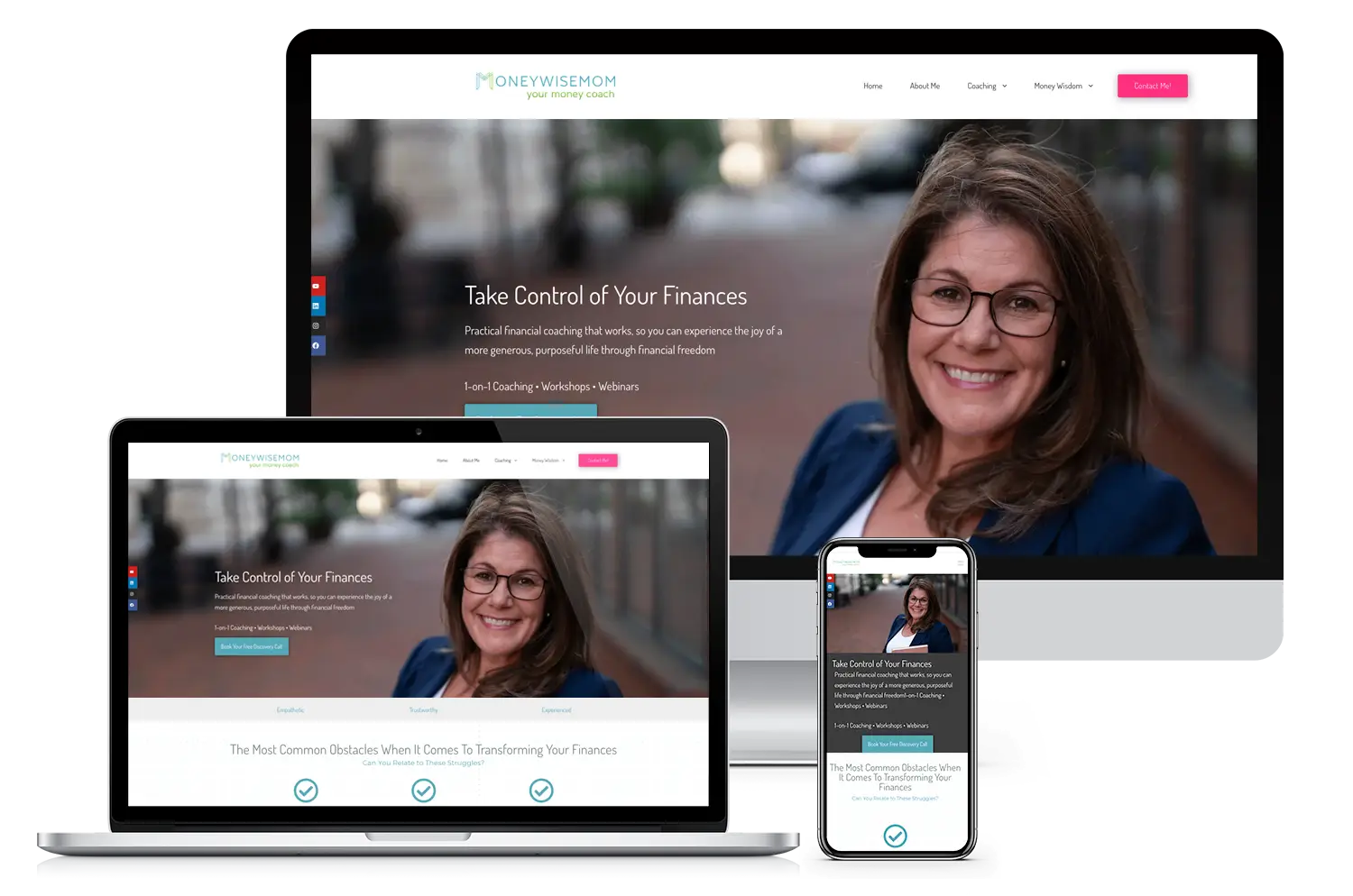 Responsive website design for Money Wise Mom, a female financial coach, shown on desktop, tablet, and mobile