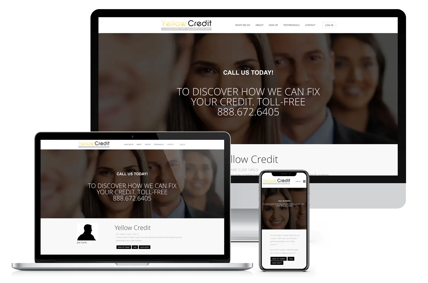 Yellow Credit website displayed across multiple devices as part of client testimonials for custom website design services