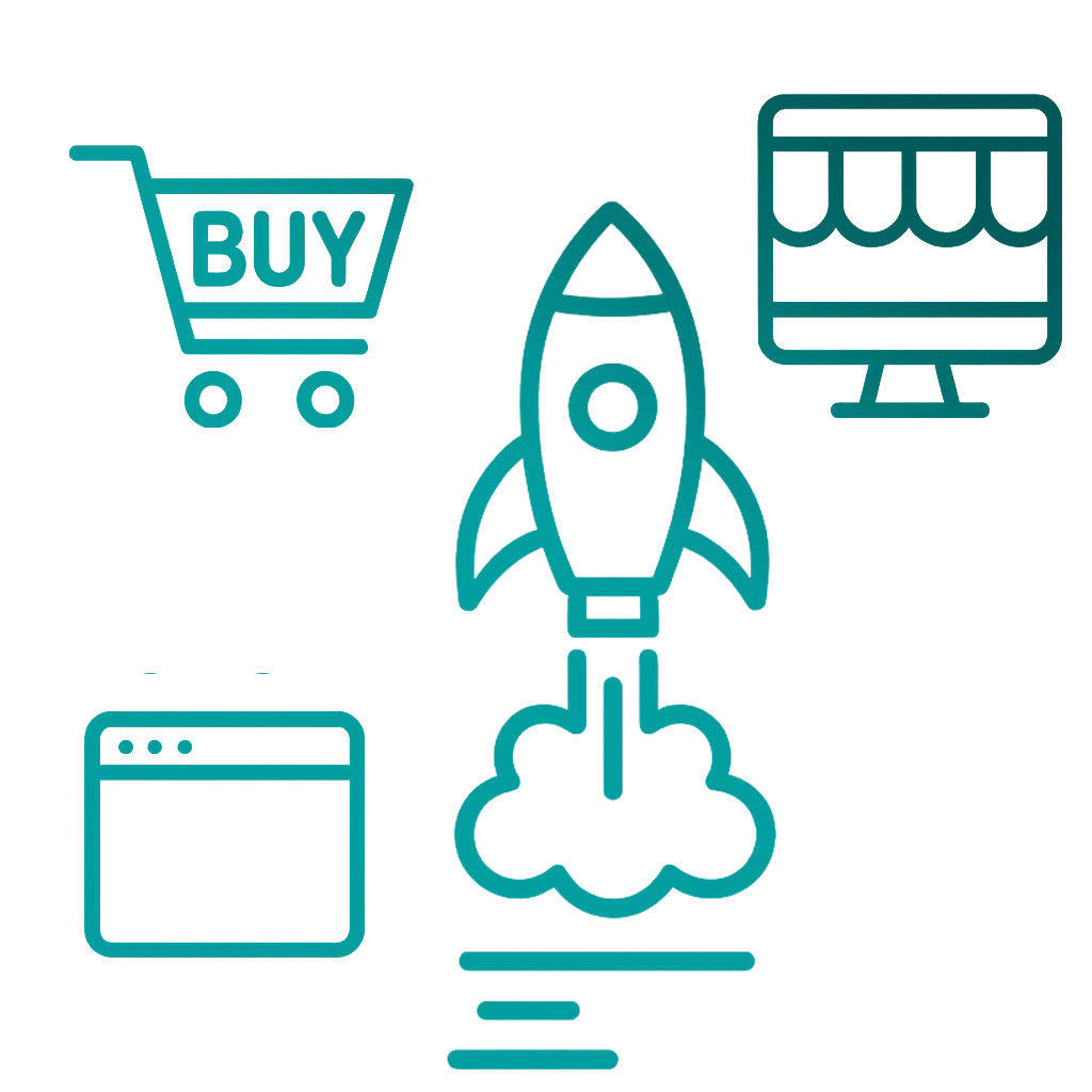 Ecommerce website services graphic with shopping cart, storefront, and delivery icons for Western Massachusetts businesses.