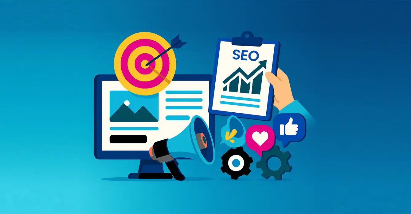 SEO strategy and performance tracking illustration for Agawam, MA — chart and gear icons.