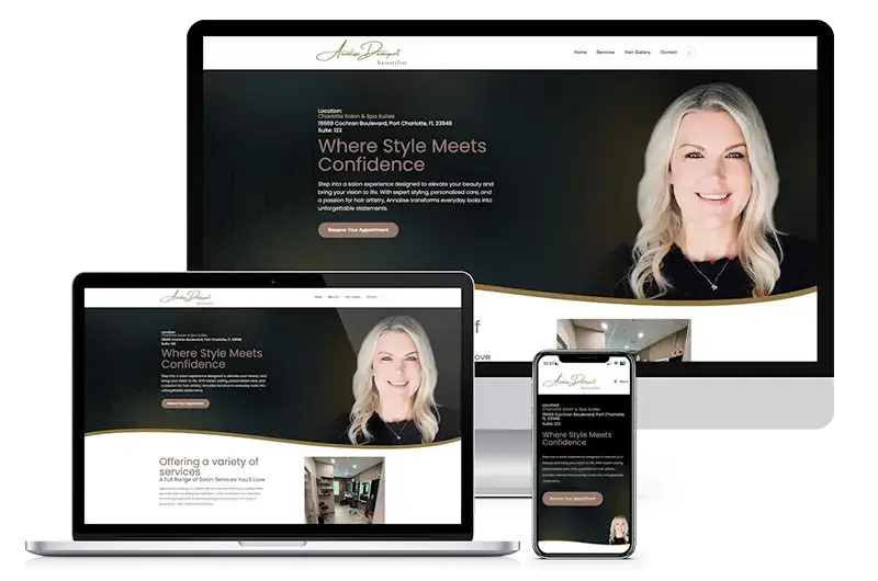 Responsive hairstylist website mockup for Annalise Davenport featuring services, gallery, and booking details on multiple devices.