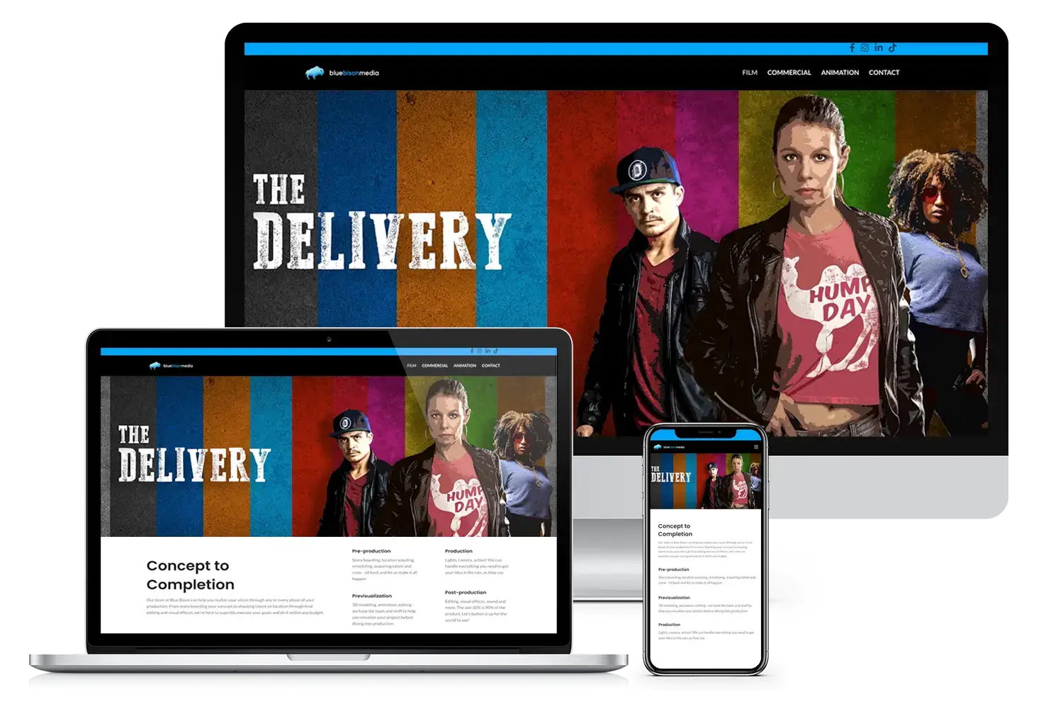 Responsive website mockup for Blue Bison Media showcasing “The Delivery” film project on desktop, laptop, and mobile screens.
