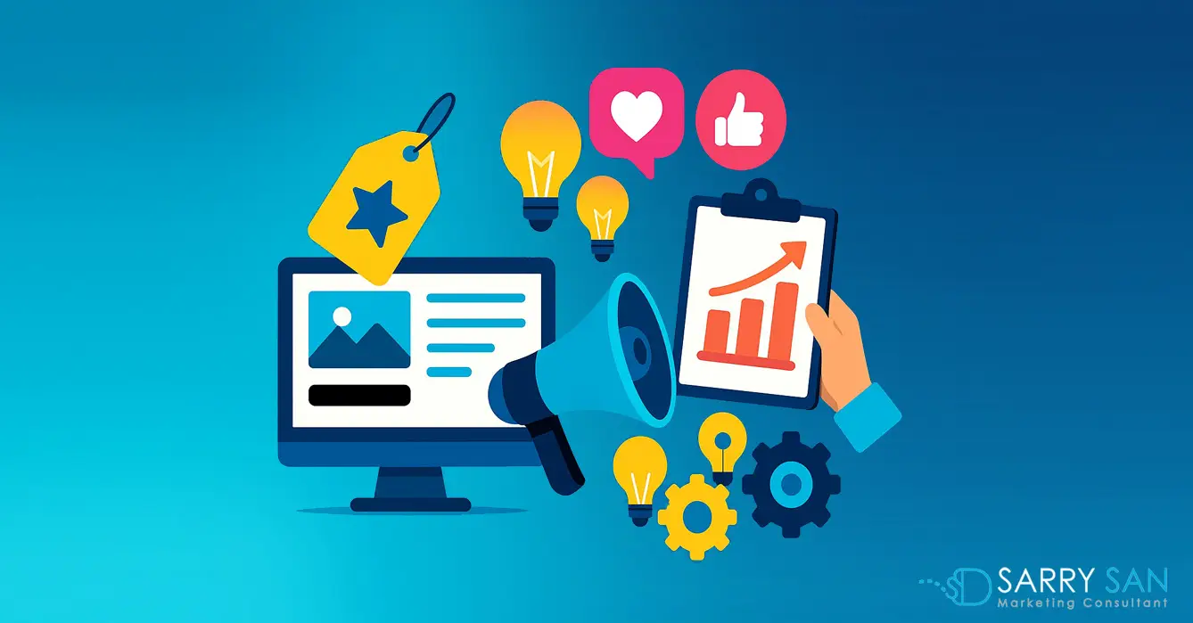 Flat vector illustration representing branding and social media marketing strategy with computer screen, megaphone, lightbulbs, and analytics chart.