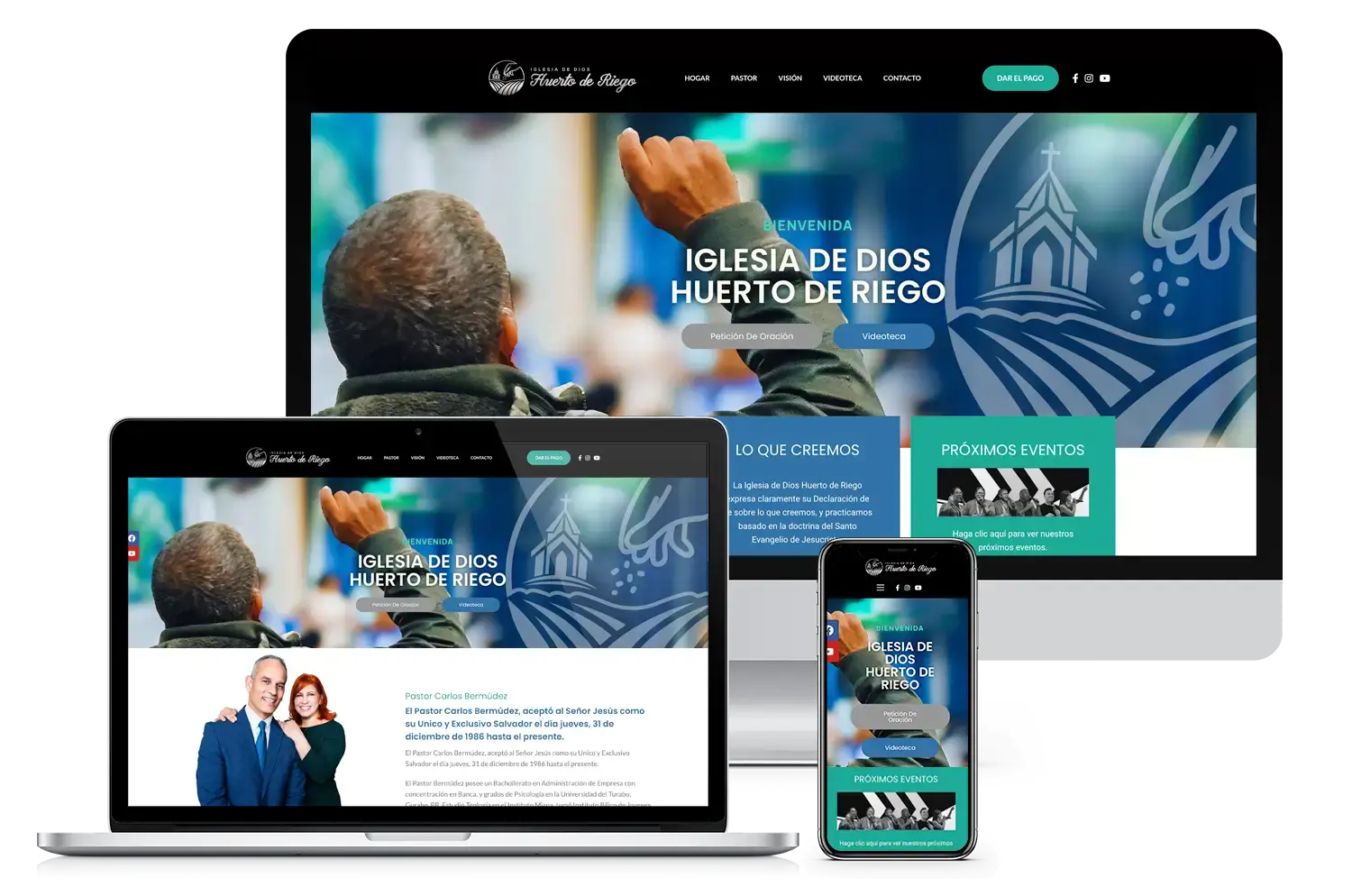 Responsive Spanish church website mockup for Iglesia de Dios Huerto de Riego displayed on desktop, laptop, and mobile screens.