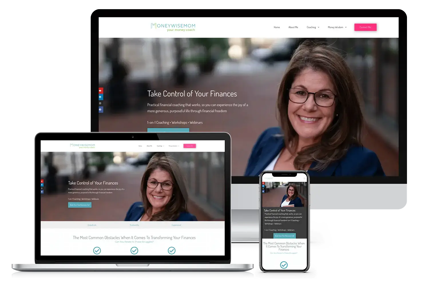 Responsive website mockup for Money Wise Mom featuring a financial coach homepage on desktop, laptop, and mobile devices.