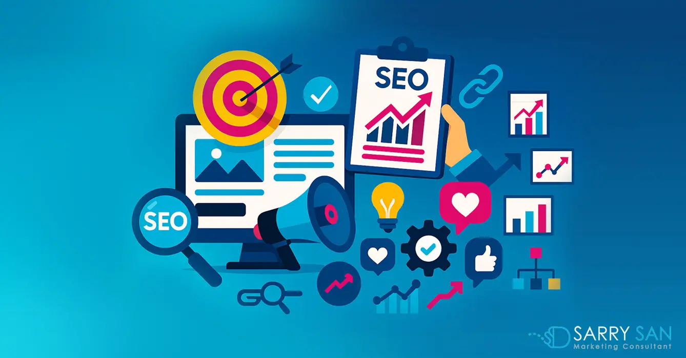 Colorful SEO illustration showing charts, target icon, backlinks, analytics, and digital marketing tools.