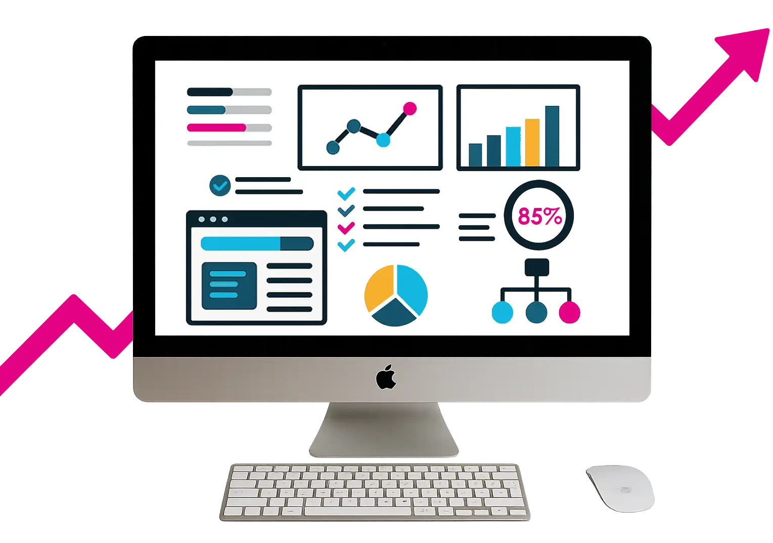 Computer monitor displaying SEO analytics charts, performance metrics, and optimization icons.