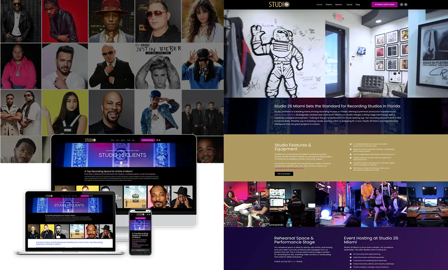 A visual collage combining website screens, studio interiors, and branded elements from the Studio 26 Miami web design project.