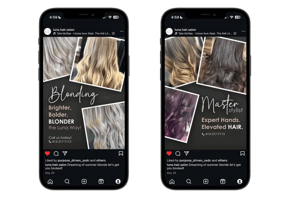 Two Instagram post mockups for Luna Hair Salon showing blonding and master stylist promotions on iPhones.