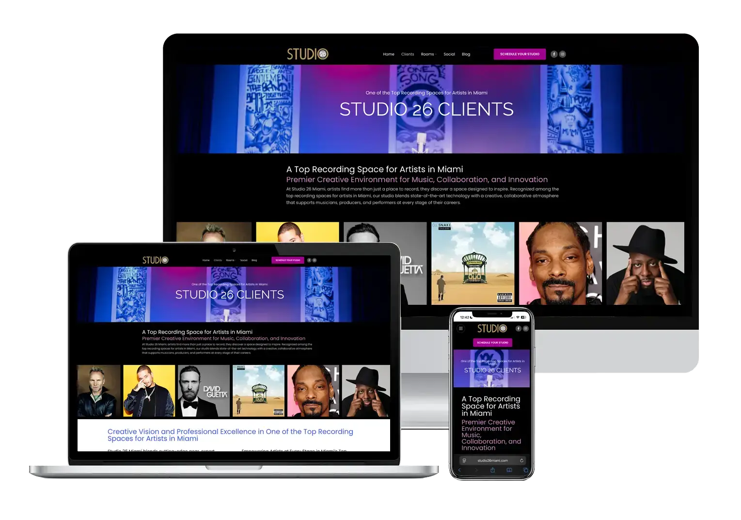 Responsive website mockup for Studio 26 Miami showing artist portfolio, studio rooms, and brand visuals across desktop, laptop, and mobile.
