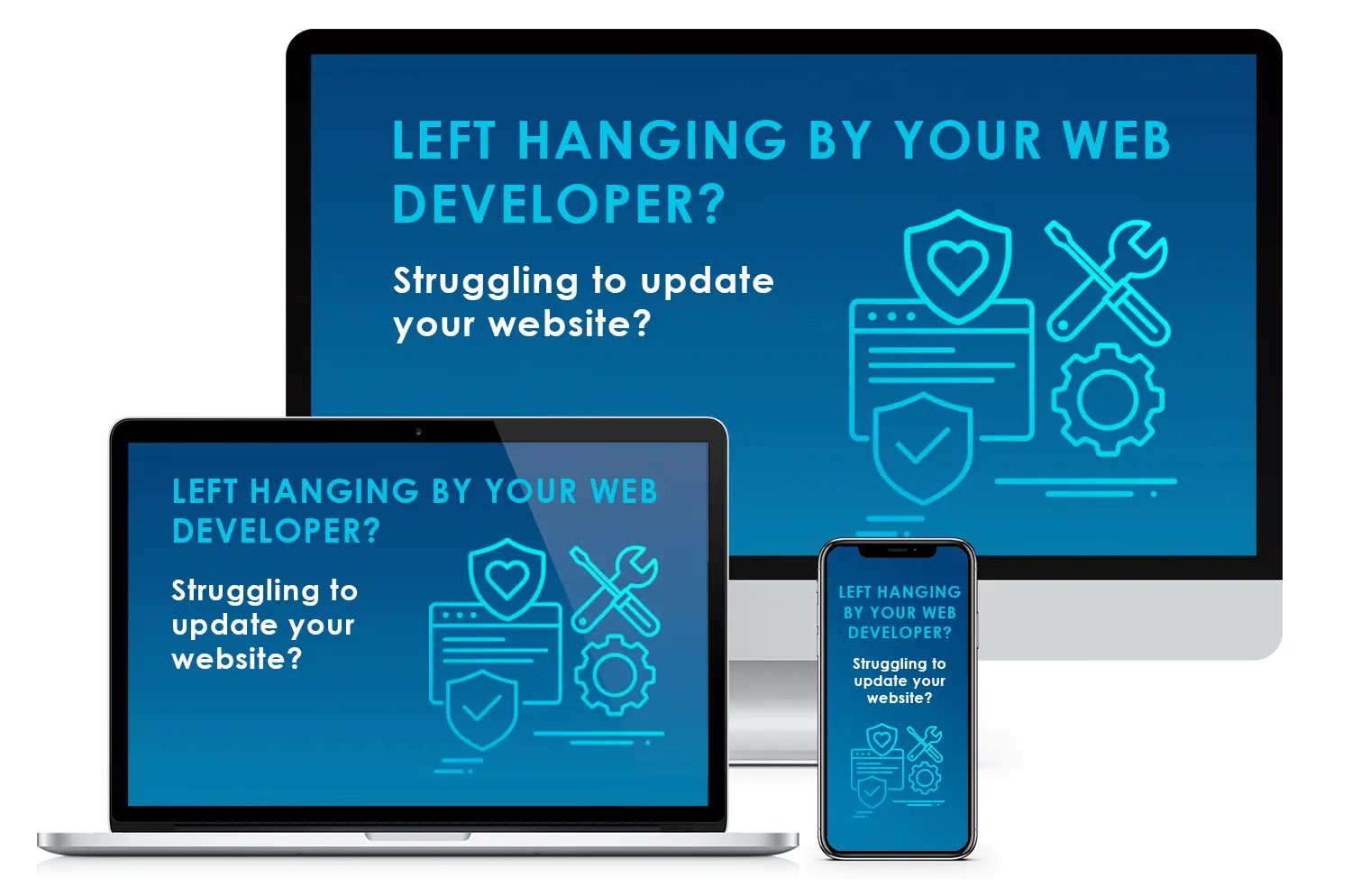 Device mockup showing website maintenance message “Left hanging by your web developer?” displayed on desktop, laptop, and mobile screens, representing Sarry San’s website support and maintenance services.
