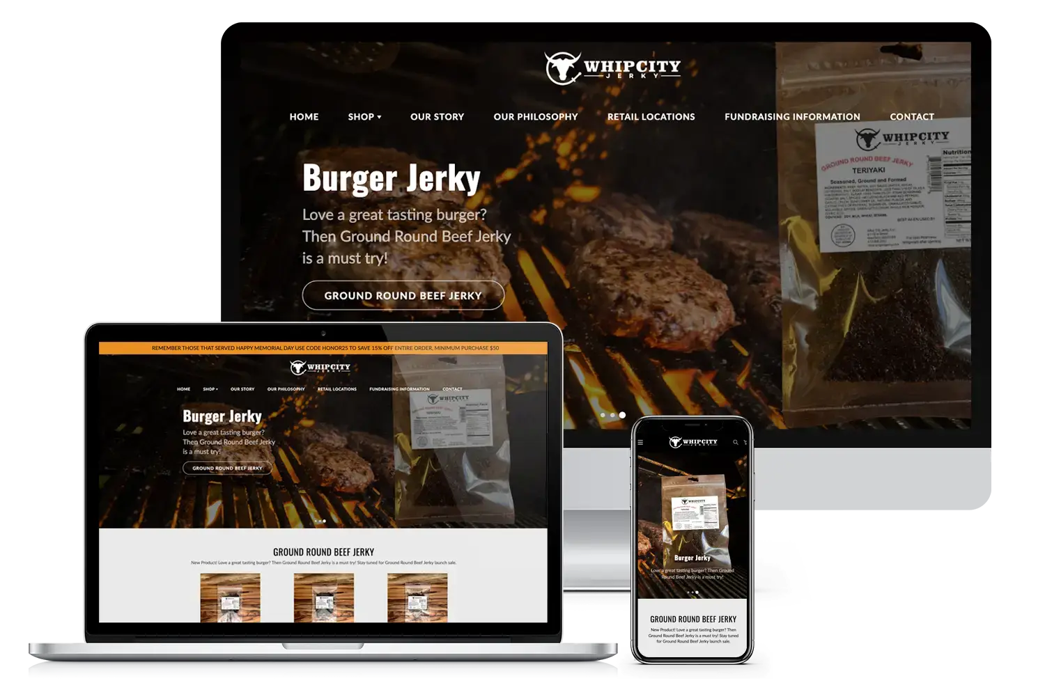 Responsive eCommerce website mockup for Whip City Jerky showing product pages and branding across desktop, laptop, and mobile.