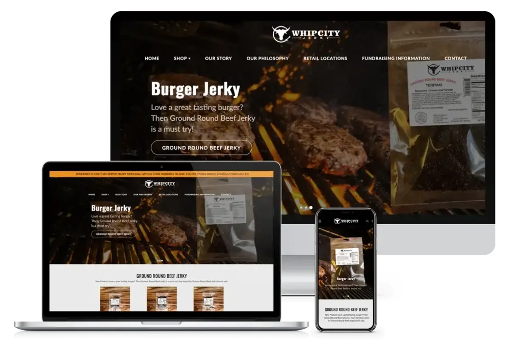 Responsive Shopify website redesign for Whip City Jerky displayed on desktop, laptop, and mobile screens.