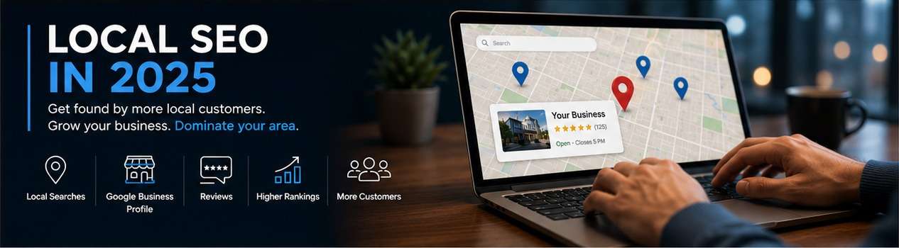 Local SEO in 2025 marketing banner showing Google Maps optimization and local business search rankings