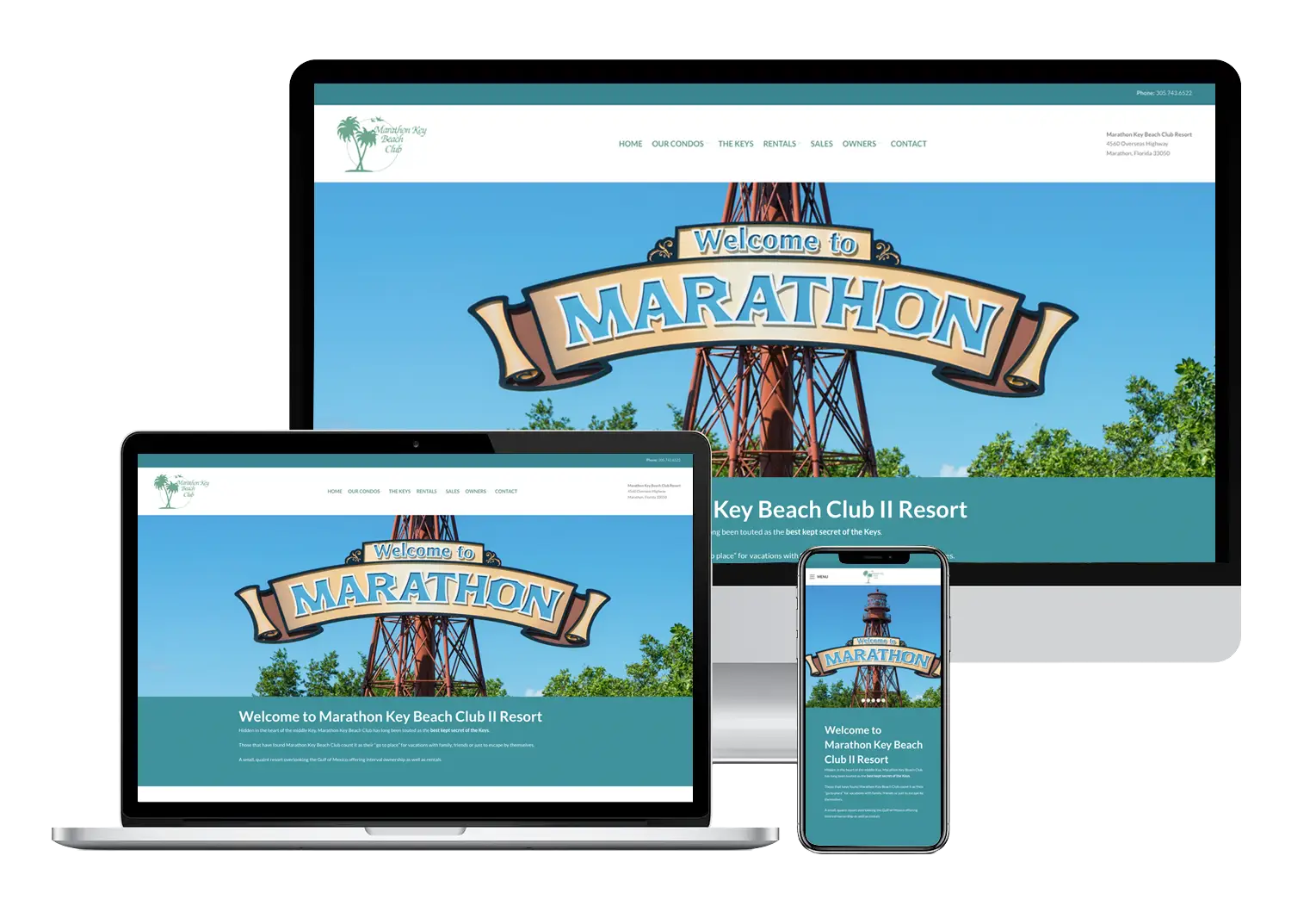 Responsive mockup showing the Marathon Key Beach Club website displayed on a desktop computer, laptop, and smartphone.