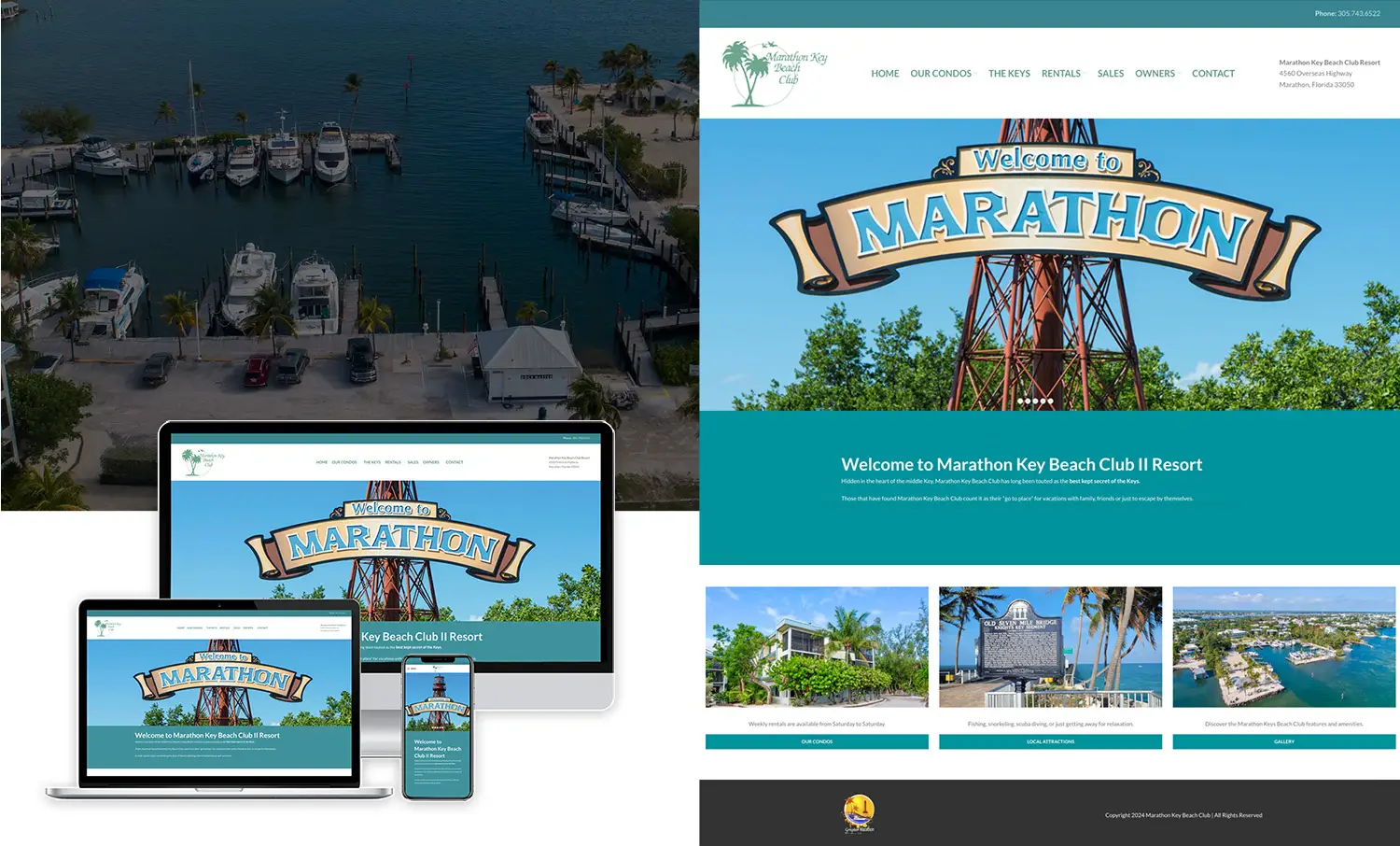 Collage showcasing the redesigned Marathon Key Beach Club website, including aerial marina photography, hero section, and layout previews across desktop and mobile.