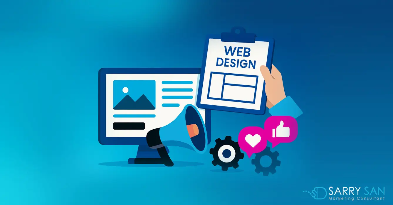 Illustration showing a computer monitor, web design layout, gears, and engagement icons for North Port website design services.